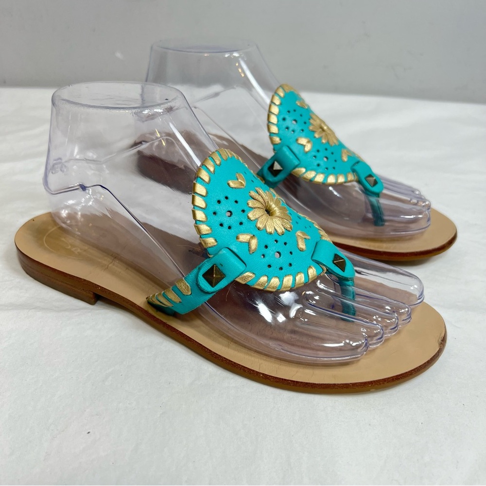 Jack Rogers Georgica teal and gold leather thong flip flop sandals size 7